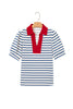 Blue Stripe Short Puff Sleeve Color Block Polo Collar Blouse
