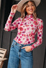 Red Floral Print Long Sleeve Slim Fit Mesh Top