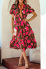 Green Floral Print Striped Trim Split Neck Short Puff Sleeve Ruffle Hem Maxi Dress