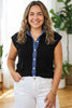 Black Plus Size Sleeveless Patchwork Colorblock V Neck Tunic Top Cardigan