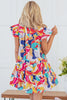 Pink Abstract Printed Ruffled Flutter Sleeve Tiered Mini Dress