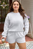 Light Grey Girly Bow Embroidered Puff Sleeve Pullover Loose Shorts Plus 2pcs Outfit