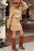 Smoke Gray High Neck Puff Sleeve Sweater Pleated Mini Skirt 2pcs Knitted Outfit