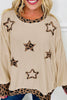 Beige Contrast Leopard Star Patchwork Detail Raw Seam Baggy Sweatshirt