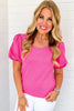 Strawberry Pink Casual Round Neck Bubble Sleeve T-shirt