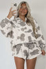 Gray Western Print Raw Hem Long Sleeve Top Drawstring Shorts Set