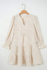 Parchment Long Sleeve Notched Neck Jacquard Tiered Mini Dress