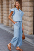 Beau Blue Textured Ruffled Sleeve Zipped Top and Wide Leg Pants Set