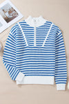 Khaki Stripe Zip up Collar Drop Shoulder Sweater