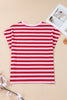 Pink Stripe Split V Neck Casual T Shirt
