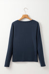 Dirty blue Notch V Neck Pocket Patched Long Sleeve T Shirt