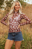 Red Mesh Star Print Mock Neck Sheath Long Sleeve Top