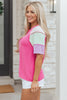 Bright Pink Twisted Ribbed Color Block Patchwork Henley Short Sleeve T Shirt