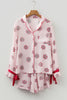 Pink Christmas Candy Contrast Trim Bow Knot Silky 2pcs Pajama Set