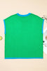 Green Contrast Trim Round Neck Short Sleeve Loose Knit Sweater