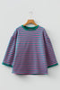 Racing Red Striped Print Drop Shoulder Lace Trim Bracelet Sleeve Loose Top