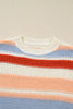 Pink Striped Colorblock Round Neck Drop Shoulder Sweater