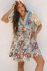Multicolour Boho Floral Print Crochet Patchwork V Neck Loose Mini Dress
