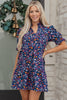 Blue Wild Daisy Floral Split Neck Short Puff Sleeve Mini Dress
