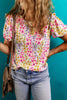 Pink Floral Puff Short Sleeve Crewneck Blouse
