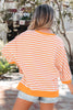 Orange Stripe 3/4 Sleeve Exposed Seam Patchwork Pullover Top