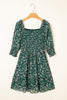 Green Smocked Square Neck Puff Short Sleeve Floral Dress