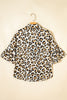Khaki Leopard Print Ruffle Trim 3/4 Sleeve Loose Shirt
