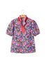 Purple Ditsy Floral Print Plaid Colorblock Trim V Neck Blouse
