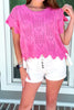 Bonbon Pointelle Knit Patterned Scalloped Trim Short Sleeve Sweater