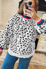 White Leopard Print Colorblock Round Neck Long Sleeve Tunic Plus Size Sweater