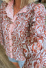 Floral Print Frilled Striped Trim Button Down Smocked Cuffs Long Sleeve Shirt