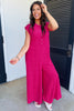 Bright Pink Terry Textured Sleeveless Button Front Wide Leg Jumpsuit