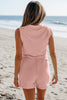 Gossamer Pink Ribbed Button V Neck Tank Top and Shorts Set