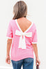 Bonbon Colorblock Bow V-Shape Cut Back Short Sleeve Sweater