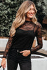Black Lace Crochet Mesh Patched Slim Fit Long Sleeve Top