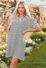 Black Stripe Contrast V Neck Collared Puff Sleeve T Shirt Mini Dress with Pockets