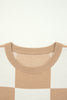 Light French Beige Checkered Pattern Loose Drop Shoulder Half Sleeve Sweater