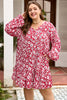 Purple Plus Floral Balloon Sleeve V Neck Relaxed Dress