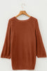 Coffee Ribbed Knit Round Neck Short Sleeve Sweater