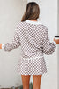 Khaki Checkered Print Polo Collar Cropped Long Sleeve Top Drawstring Mini Skirt Set