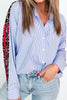 Sky Blue Stripe Contrasted Varsity Stripe Leopard Patchwork Button Down Shirt