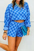 Dark Blue Plaid Checkered Long Sleeve Crop Top Elastic Waist Shorts Two Piece Set