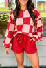 Red Checkerboard Plaid Long Sleeve Solid Color Shorts 2pcs Set