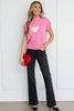 Pink Valentine Heart Graphic Cropped Short Sleeve Sweater
