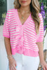 Green Stripe Short Sleeve Knit V Neck Bow Knot Sweater