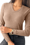 Straw Yellow Ribbed Knit V Neck Long Sleeve Slim Fit Top