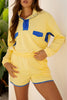 Yellow Color Block Patchwork Half Button Pullover and Shorts 2pcs Outfit
