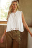 White Solid Color Lace Crochet Eyelets Sleeveless Buttoned Shirt
