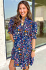 Blue Wild Daisy Floral Split Neck Short Puff Sleeve Mini Dress