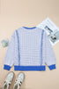 Dark Blue Waffle Knit Exposed Stitching Casual Top with Side Slits